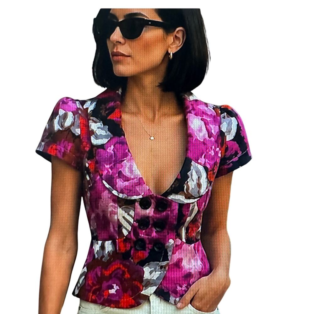 Elevenses Y2K Floral Cropped Fitted Feminine Short Sleeve Blazer Women's Size 0
